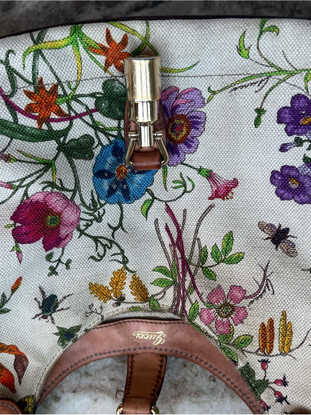 Gucci Flora 2 Handle Purse Canvas Leather Multi Color & Colorful Floral GoldRARE - Picture 3 of 15